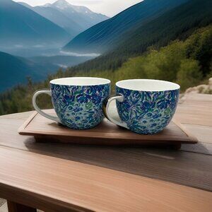 Lilly Pulitzer Coffee Mugs Blue Floral Hidden Lion (Set of 2) Excellent